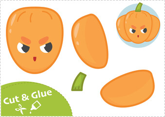 Cut and Glue Worksheet. Halloween pumpkin. A jack-o'-lantern. Scissors practice for preschoolers. Education paper game.