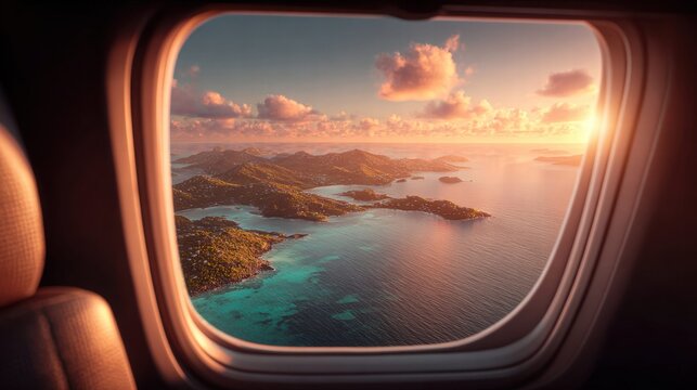 Golden sunset view from an airplane window over a tropical island paradise. - Powered by Adobe