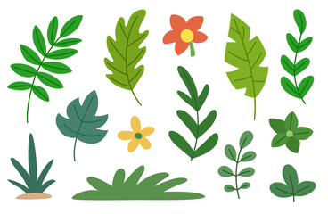 Childrens cartoon prehistoric leaves and flowers set. Tropical exotic plants of the Jurassic, Cretaceous periods. Vector illustration.