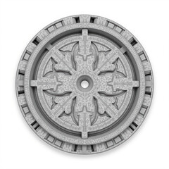 Intricate circular concrete manhole cover, modern urban utility