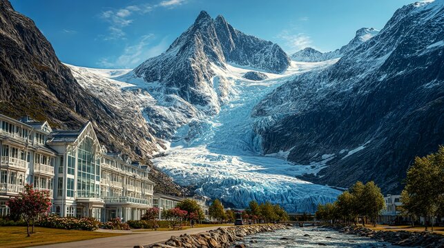 Modern hotel offers stunning views of Jostedalsbreen glacier valley in summer