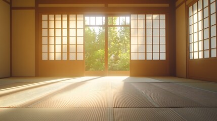 Fototapeta premium Sunlight streams through traditional japanese shoji screen doors into a serene room