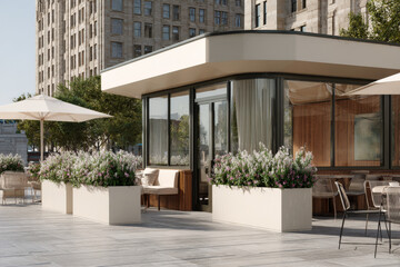 Fototapeta premium modern stylish outdoor caf displays unique blend of contrasting materials and textures
