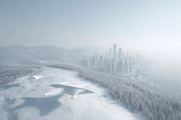 Fototapeta premium modern urban landscape featuring advanced drones and robots emphasizing clean forms and dynamic technology