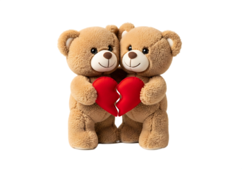 Two teddy bears holding a broken heart together on a plain black background