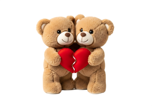 Two teddy bears holding a broken heart together on a plain black background