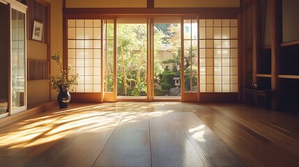 Sunlight streaming through traditional japanese shoji screen doors into a serene room