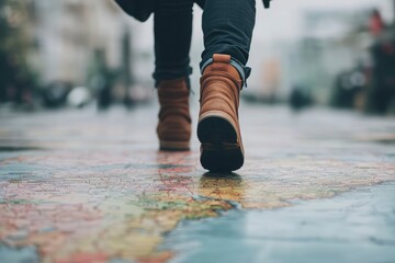 Tourist walking over abstract map border, modern style, no flags