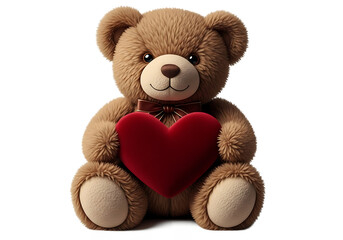 Fototapeta premium A teddy bear holding a red heart with a brown bow tie on a black background