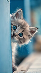 Curious kitten with bright blue eyes peeking from blue surface