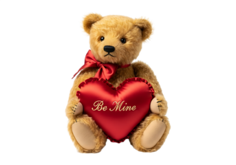 Teddy bear holding a red heart pillow with be mine written on it centered shot