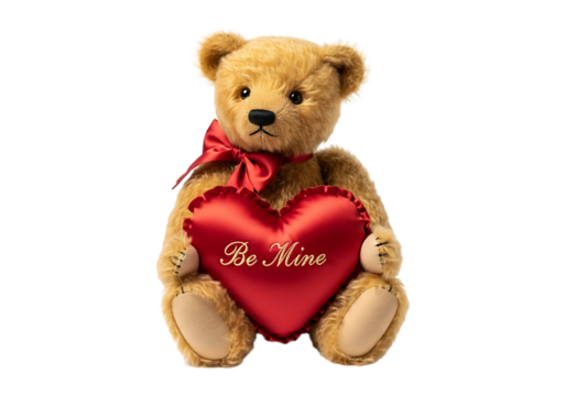 Teddy bear holding a red heart pillow with be mine written on it centered shot