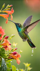 Fototapeta premium Emerald hummingbird feeding on orange trumpet flowers