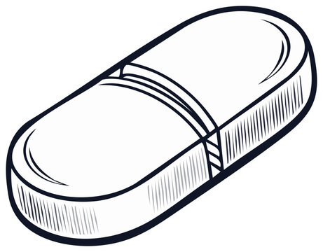 Isolated single caplet pill drawing in a black and white line art style for healthcare and medicine concepts