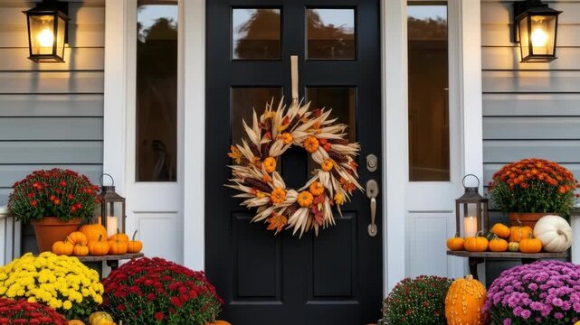 Charming autumn porch with pumpkins and floral decor in warm evening light