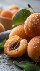 Ripe apricots glistening with water droplets fruit
