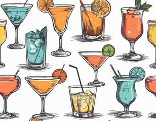 Hand-drawn collection of cocktails and drinks in various glass styles. Vintage ink sketch vector illustrations of classic alcoholic beverages.	