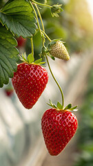 Ripe red strawberries hanging green leaves strawberry