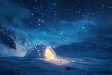 A warm igloo radiating light beneath icy northern stars