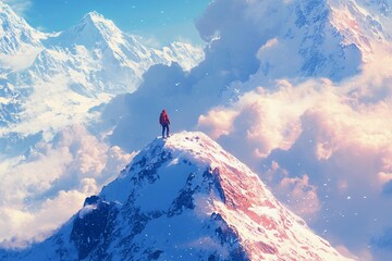 Traveler standing on snow-covered mountain peak at dawn