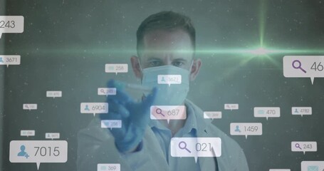 Holographic panels materializing around doctor revealing coronavirus vial for health study - Powered by Adobe