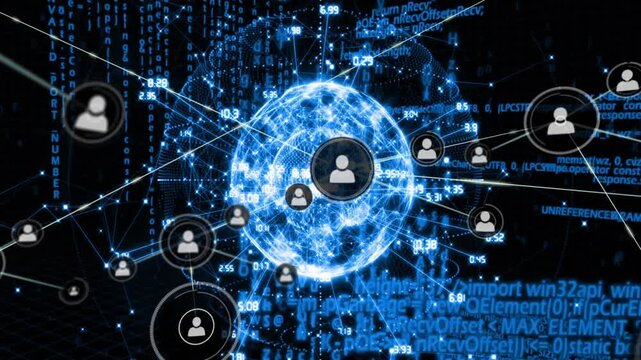 Streaming code launching wireframe globe forming in tech space, spawning nodes linking global data - Powered by Adobe