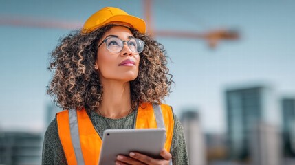 A female construction worker with a yellow hard hat looks towards the sky.