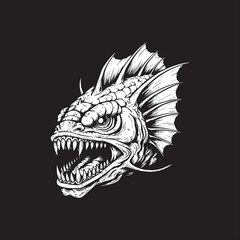 Ferocious Fish Head Illustration Intricate Details and Sharp Teeth A Creature of the Deep Black and White