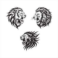 Three Roaring Lion Heads: A Powerful Display of Strength, Ferocity, and Regal Dominance in Bold Black and White Vector Art