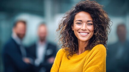 A beautiful woman with a radiant smile, confidently posing outdoors in natural light.