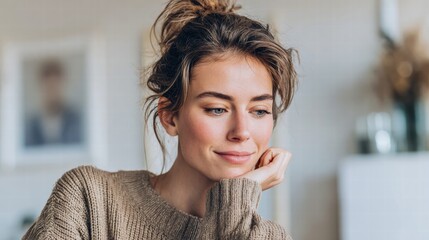 Portrait of a beautiful woman with a gentle smile, looking thoughtful and calm.
