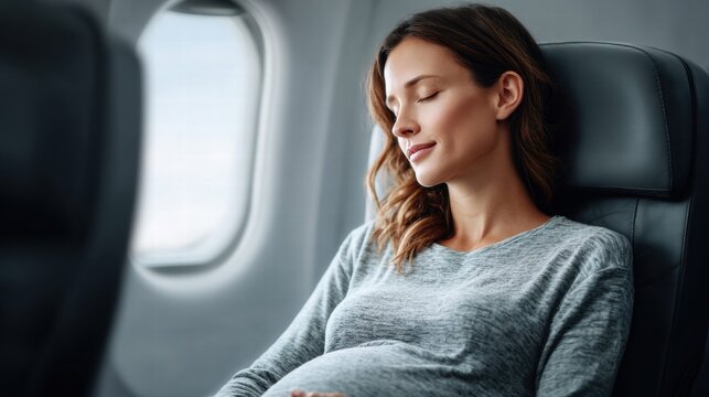 A serene pregnant woman sleeping comfortably on an airplane during a daytime flight. - Powered by Adobe