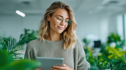 A blonde woman smiles while looking at her tablet in a bright office setting.