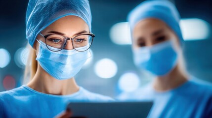 Two surgeons review a tablet in a brightly lit operating room, ready for a procedure.