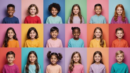 Smiling multiracial kids portrait collage on pastel colors