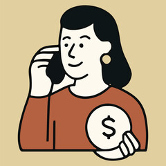Woman on Phone Holding Currency Disk Illustration of Financial Communication and Assistance in Business Matters