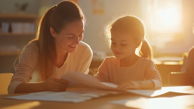 Mother and daughter engage in fun learning activity during golden hour at home
