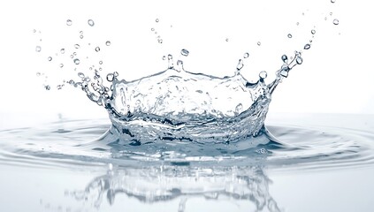 A clear water splash with droplets in mid air against a plain white background and reflections