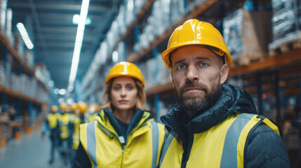 Two warehouse workers in hard hats, vests stand in large industrial warehouse. Image highlights logistics, supply chain, teamwork in busy storage facility with team of people in background