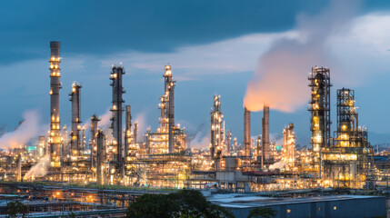 Obraz premium A large industrial oil refinery and chemical plant is illuminated at dusk. Image captures heavy industry, energy production, and complex infrastructure of petrochemical manufacturing and global trade.