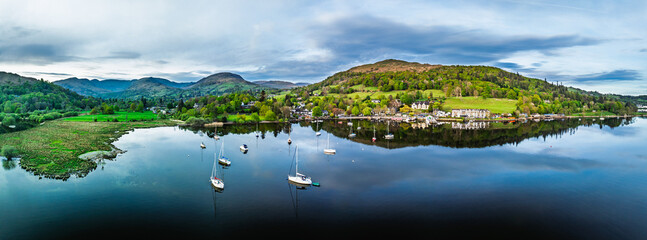 Sunset over Windermere Lake from a drone, Ambleside, Lake District, Cumbria, England