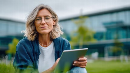 Mature woman using a tablet outside near an office building