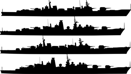 "Technical illustration of multiple classes of naval ships in silhouette form, black on white, showcasing turrets, radar masts, and superstructure, arranged in a grid-like horizontal and vertical patt