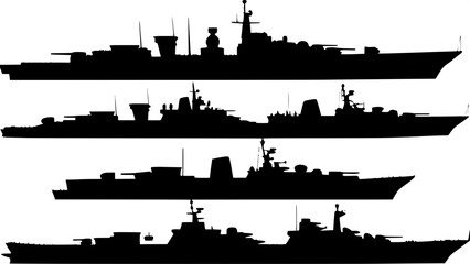"Technical illustration of multiple classes of naval ships in silhouette form, black on white, showcasing turrets, radar masts, and superstructure, arranged in a grid-like horizontal and vertical patt