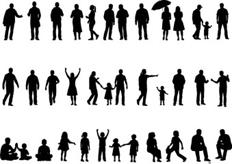 Silhouettes of people in various poses, walking, standing, interacting, family groups, children, adults, black figures, white background, diversity