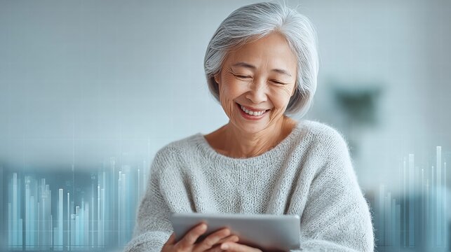 Happy senior Asian woman using a tablet, enjoying financial information.