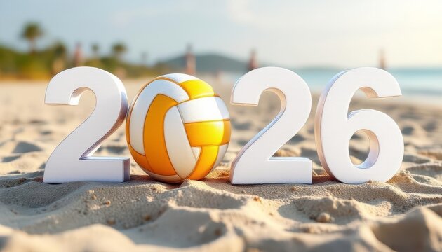 Creative “2026” typography with volleyball ball replacing zero. White numbers and ball equal size, background shows beach volleyball scene, sporty Christmas 