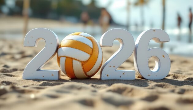 Creative “2026” typography with volleyball ball replacing zero. White numbers and ball equal size, background shows beach volleyball scene, sporty Christmas 