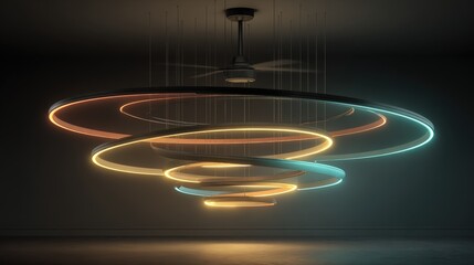 Ceiling fan with layered pastel and neon lines spiraling on charcoal gray backdrop