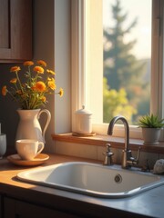 A kitchen sink with a vase of yellow flowers on the counter by a sunlit window.